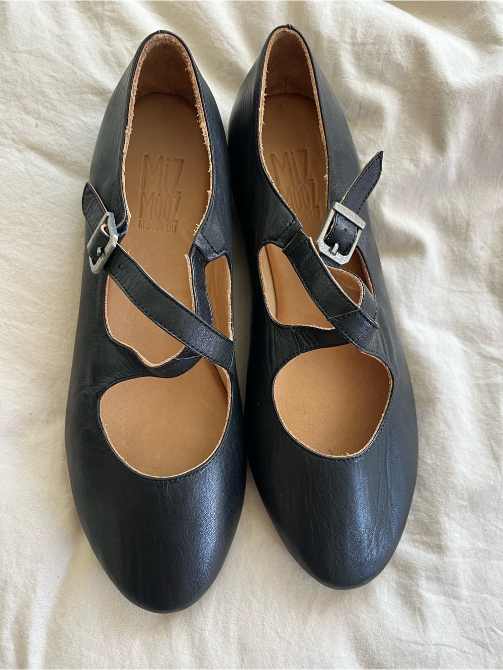 Miz Mooz Black Leather Mary Jane Flats with Buckle Strap